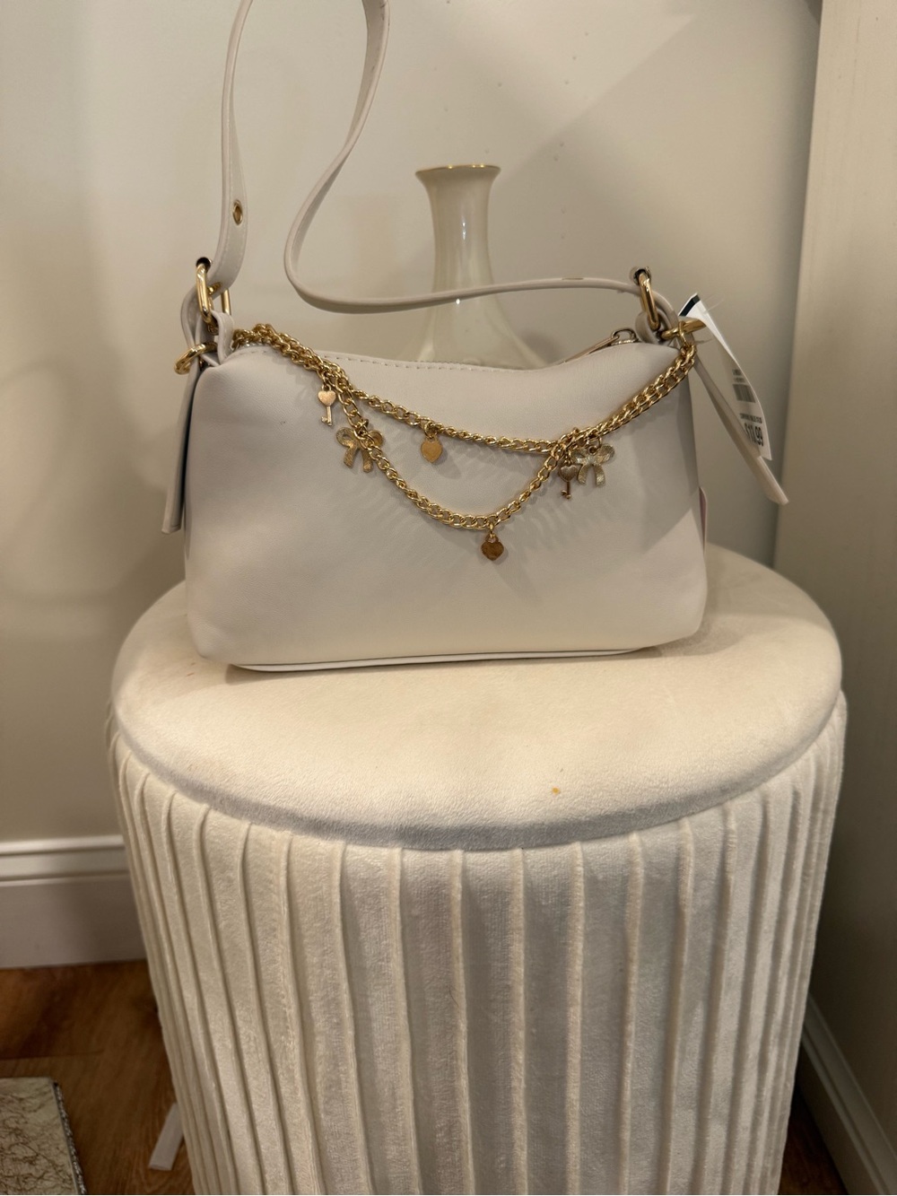 White Chain-Accent Shoulder Bag by